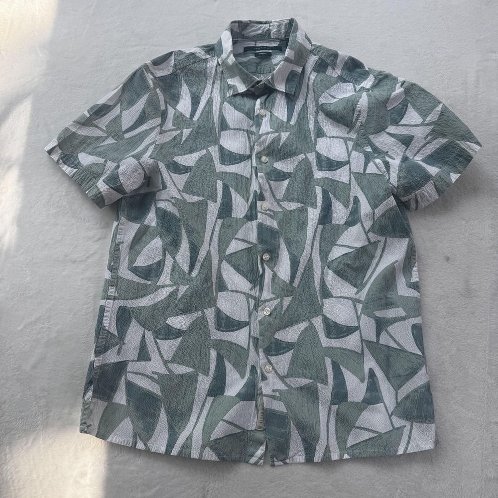 Perry Ellis Shirt Mens Large Green White Abstract Print Stretch Button Up Casual